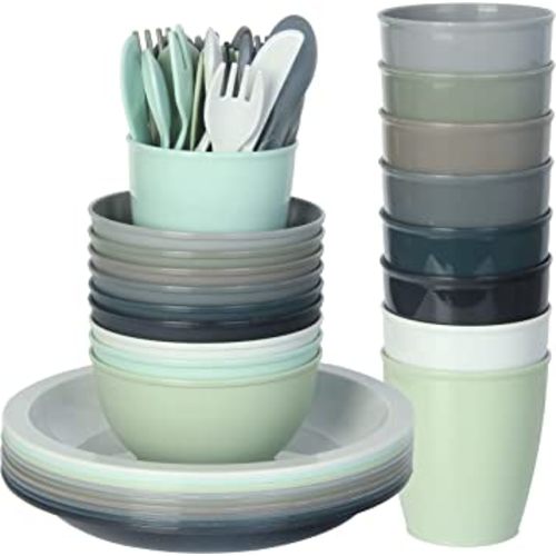 Youngever 54 pcs Plastic Toddler Dining and Utensil Set, BPA Free, Dishwasher Safe, Toddler Dinnerware and Toddler Silverware, Set of 9 in 9 Urban Colors