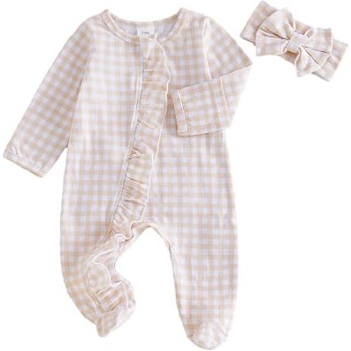 Newborn Baby Girls Plaid Sleeper Footed Pajamas Going Home Outfits Footies