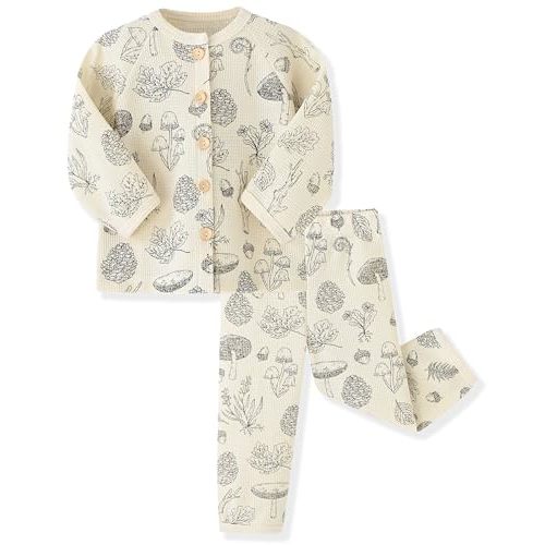 ACESTAR Unisex Baby and Toddler 2 Piece Waffle Knit Pajama Sets Long Sleeve Button Down Pjs Kids Matching Lounge Set