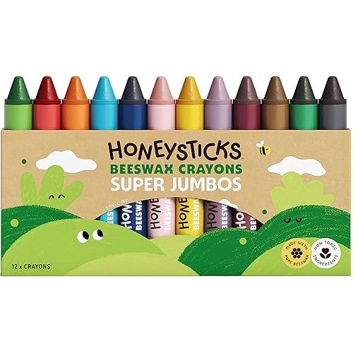 Honeysticks Super Jumbo Crayons (12 Pack) - Non Toxic Crayons for Kids - 100% Pure Beeswax and Food Grade Colors - For Toddlers 1-3, Unbreakable, Extra Large, Easy to Hold and Use, Eco-Friendly