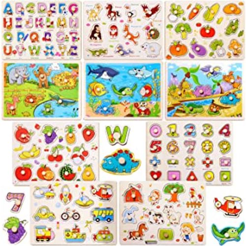 10 Pack Wooden Peg Puzzles for Toddlers Toddler Puzzle Jigsaw Learning Puzzles for Kids Wood Knob Puzzle with Alphabet Number Animal Vehicle Shape