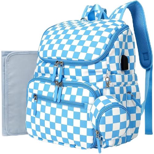 FHELAD Checkered Diaper Bag Backpack with Changing Pad & Stroller Clips, Large Travel Baby Diaper Bag for Newborn Moms, Baby Shower Gifts (Sky Blue)