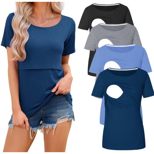 Maternity Nursing Tops Clothes for Women Ribbed Breastfeeding Shirts Clothes 4-Pack