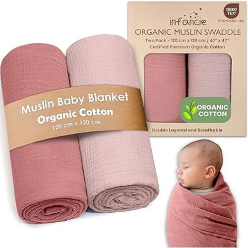 Organic Cotton Muslin Baby Blanket - 47x47 Inch Breathable Swaddle, Hypoallergenic Double-Layer, Versatile Use (Rose/Peach, 47x47 Inch)