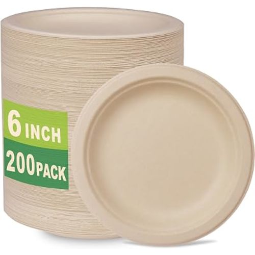 GreenWorks 200 Count 6“ Small Compostable Dessert Plates, Heavy-duty Unbleached Biodegradable Bagasse and Bamboo fiber Paper Plates …