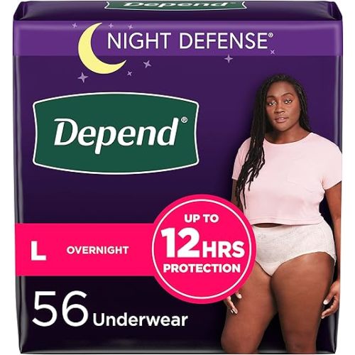 Depend Night Defense Adult Incontinence Underwear for Women, Disposable, Overnight, Large, Blush, 56 Count