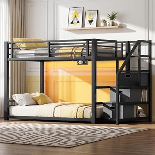 Twin Over Twin Metal Bunk Bed with Storage Stairs, Drawers & Shelves, Power Outlet and RGB LED Lights,Low Profile Kids Bunk Bed Frame with Safety Guardrails & Metal Slats,No Box Spring Needed (Black)