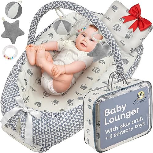 Portable Baby Play Lounger for Supervised Floor Time w/Removable Toy Arch & 3 Toys - Padded Play Area, Breathable Cotton Cover, Travel-Friendly - Awake-Time Only | 0-24 Months (Grey Crowns)