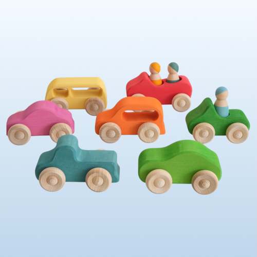 7-Piece Wooden Rainbow Cars Set with 3 Peg Dolls | Stained Basswood or Painted Beechwood