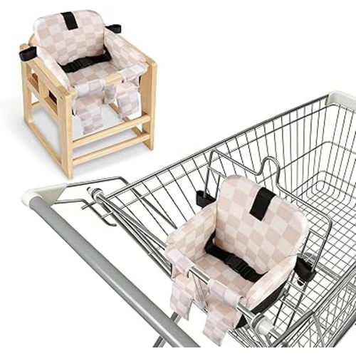 Portable Baby Shopping Cart Seat, High Chair Cover for Outdoor, One-Hand Installation Cart Seat Cover, Comfortable and Supportive Foam-Padded, Grocery Cart Baby Seat – Pink Checkered