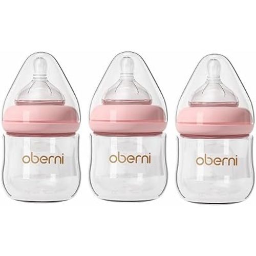 Glass Baby Bottles,Anti Colic Breastfeeding Bottle with Natural Response Nipple Size S,Wide Neck Slow Flow Baby Bottle for Baby,Newborn,Preemie 0-3 0-6 Month,BPA Free (Pink, 4 Ounce，3 Pack)