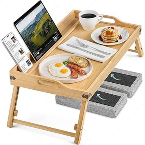 Breakfast in Bed Tray Lap Desk | Ergonomic Bamboo Bed Table Tray for Work, Rest | Comfortable Bed Desk w/Foldable Legs, Phone Holder, Cushions, Anti-Spill Edges | Adjustable Laptop Table/Lap Tray