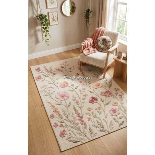 Pink Floral Wool Rug, Hand Tufted Rug, Cottagecore Decor, Custom Area Rug, Botanical Flower Carpet