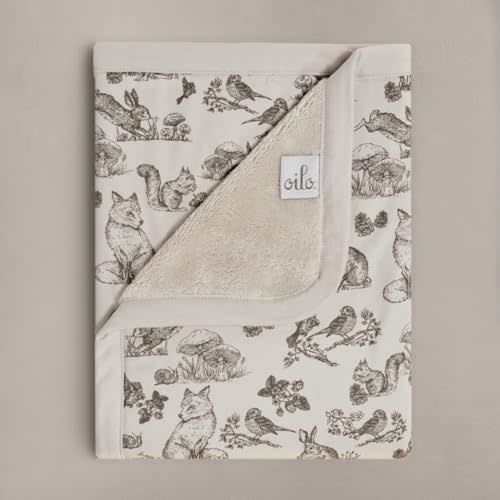 Oilo Baby Blanket, Luxury Plush Chenille Backing & Organic Cotton Jersey Print, Double Layered, 30" x 40", Rolled Jersey Edge Trim, Infant & Toddler Size, Heirloom Organic Collection, Woodland Animals
