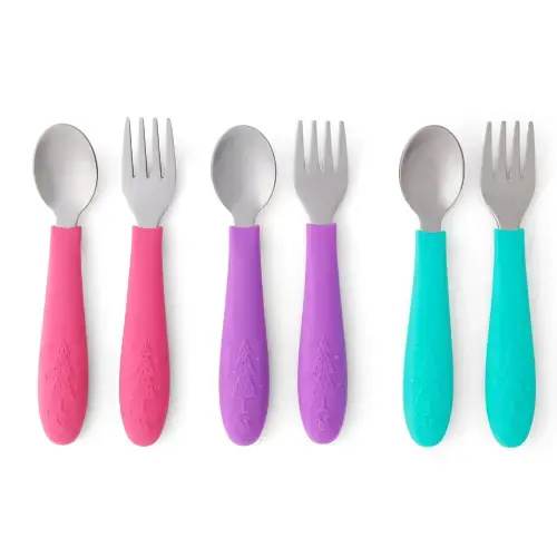 Babies/Toddler Stainless Steel Spoons + Forks with Silicone Handle (Purple/Pink/Teal)