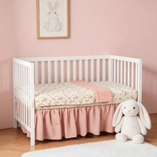 Organic Cotton Muslin Baby Crib Bedding Set 3 Piece Soft for Infant Newborn Toddler Boys Girls 52"x28", Nursery Bed Quilt Set Decor with Fitted Crib Sheet, Floral Quilted Comforter Blanket, Bed Skirt