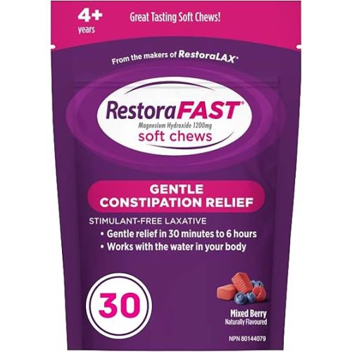 RestoraFAST Soft Chews, Fast Acting Laxative, Stimulant Free, Gentle Constipation Relief for Adults and Kids Age 4+, Mixed Berry Flavour, 30 Count