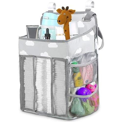 Diaper Caddy Hanging Diaper Caddy Organizer, Hanging Nursery Nappy Organiser Diaper Holder Caddy Stacker for Baby Girl Boy Crib Changing Table Playard Wall Baby Shower Gifts Bedside Storage Bag -Grey
