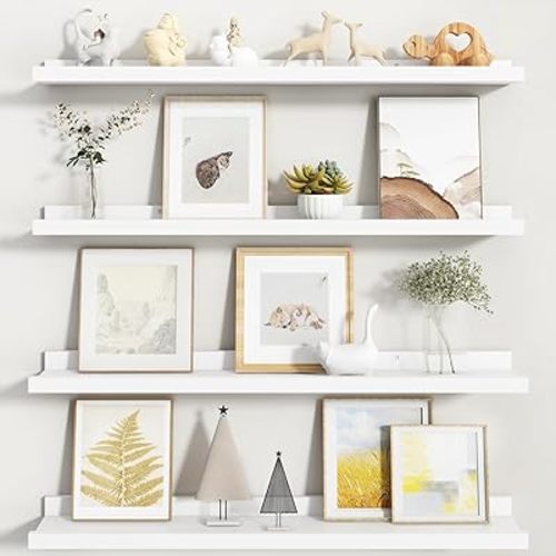 Fun Memories Picture Ledge Shelf, White Floating Shelves Set of 4, 32 Inch Picture Shelves for Wall with Ledge, Large Nursery Book Shelf for Toys Storage, Living Room, Bedroom Decor Frames