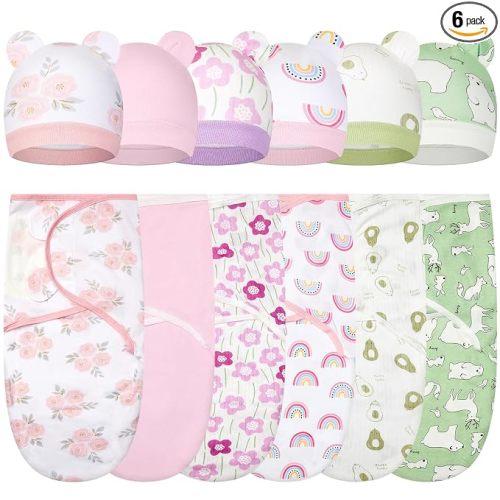 Ramede 6 Pack Swaddle Blanket with Hats for Baby Girl Boy 100% Cotton Swaddles 0-3 Months, Adjustable Breathable Skin Friendly Receiving Blanket Wrap, Essential for Newborns(Flower,Pink and Green)