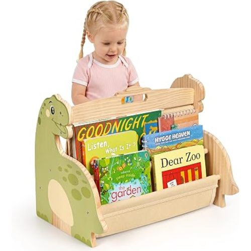 Kids Bookshelf, 4-Tier Wooden Baby Book Shelf with Handle for Kids Rooms