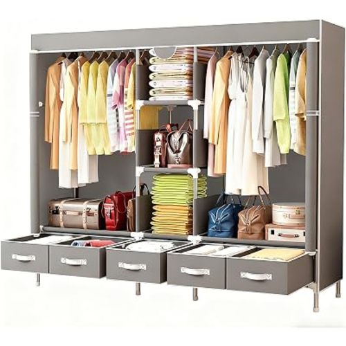 Portable Fabric Closet with 5 Drawers, 72.8x17.7x67.7 Inch Sturdy Clothing Storage Organizer with Hanging Rod, Non-Woven Wardrobe for Bedroom Dorm Apartment (Gray)