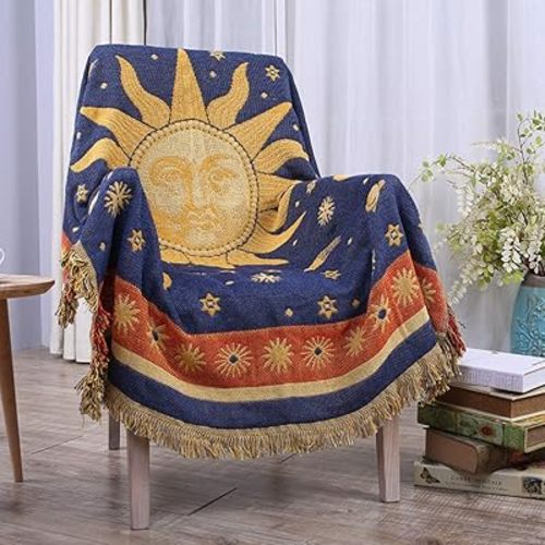 Erke Moon and Sun Throw Blanket Celestial Chair Recliner Cover Bed Spread Hippie Room Decor, Double Sided Cotton Woven Sofa Couch Furniture Aesthetic Witchy Throws - 50" X 70", Yellow/Blue
