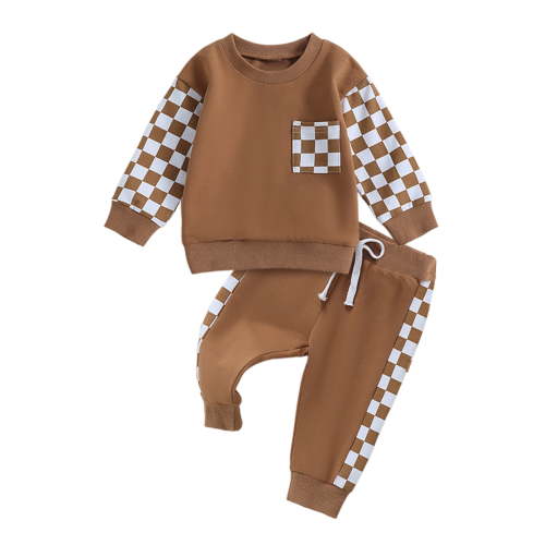 Toddler Baby Boy Girl Clothes Checkered Color Block Long Sleeve Sweatshirt with Pants Set 2Pcs Fall Winter Outfits