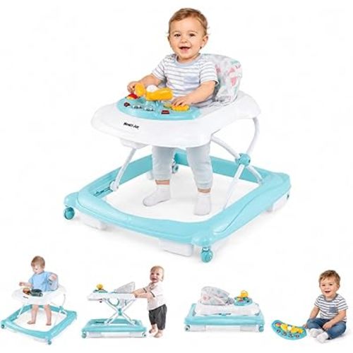 HONEY JOY Baby Walker, 5 in 1 Infant Activity Walker with Wheels, Music, Removable Cushion, Toddler Foldable Push Walker for Boys Girls, Anti-Rollover Walkers for Babies 7-14 Months (Green)