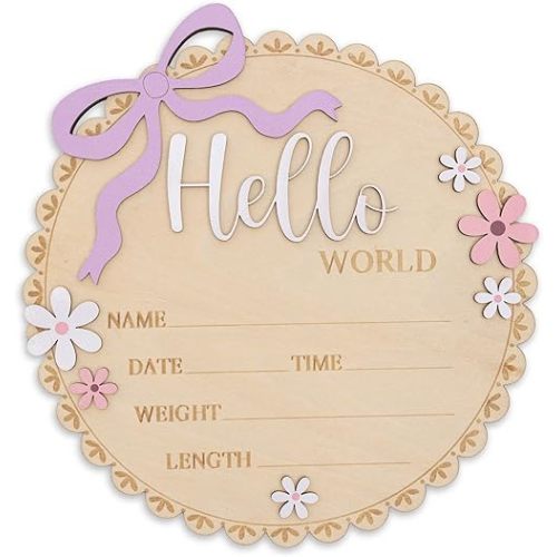 Hello World Wooden Baby Birth Announcement Sign, Pink Floral Newborn Name Date Time Weight Length Board, Baby Girl Nursery Decor Photo Prop Keepsake (Light purple ribbon)