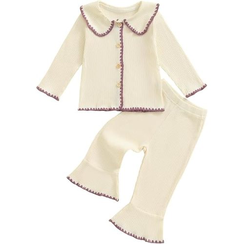 Toddler Baby Girl Fall Winter Outfits Ribbed Long Sleeve Button Down Shirt Tops Flare Pants Cute Clothes Set