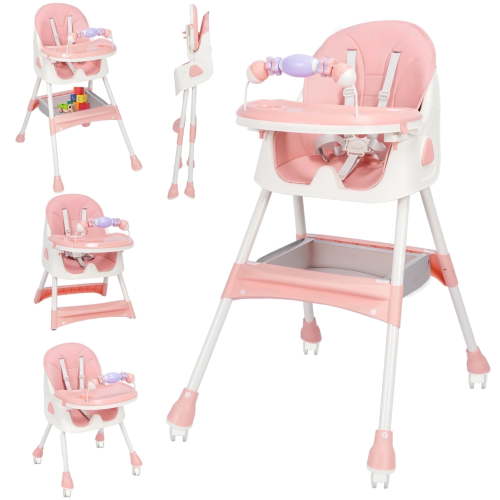 4-in-1 Baby High Chair, Convertible High Chair for Babies and Toddlers, Portable Folding Dining Chairs Eat & Play with Five-Point Harness, Double-Layer Dinner Plate, Toy Rack, Spoon, Fork, Bowl, Pink