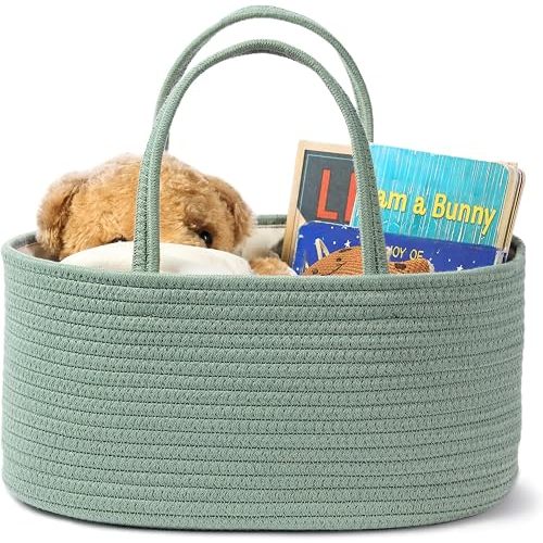 Diaper Caddy Organizer, Empty Gift Basket for Newborn Essentials, Baby Storage Basket, Stylish Gift Bag for Baby Shower, Boys and Girls - Small, Sage Green