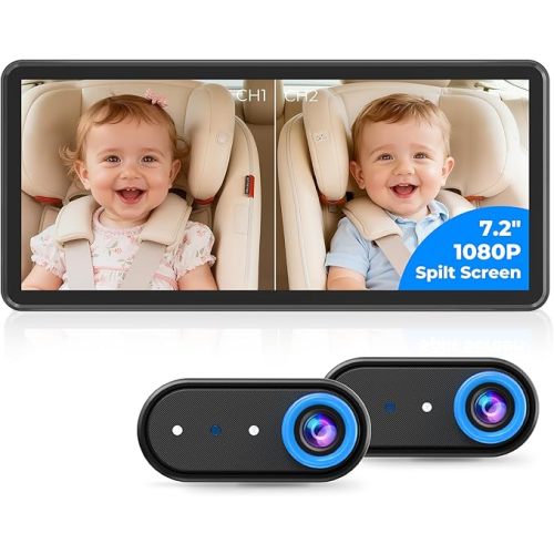 LUCKVIEW BM5PRO 7.2" 1080P HD Baby Car Camera for 2 Kids, Split Screen with IR Night Vision, Easy to Install & Adjust Brightness, Dual Car Camera Baby Monitor for Rear Seat Safety (Blue)