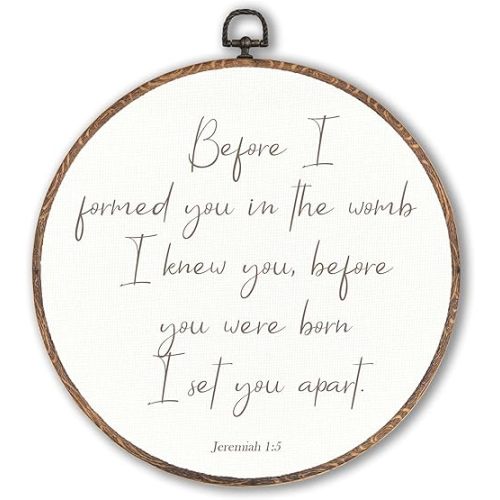 Lengues Bible Verse Nursery Round Wall Art Decor, Inspirational Round Wall Decor, Neutral Christian Canvas Framed Art Prints, Jeremiah 1:5 Christian Hanging Frame for Room Bedroom 10x10 Inch