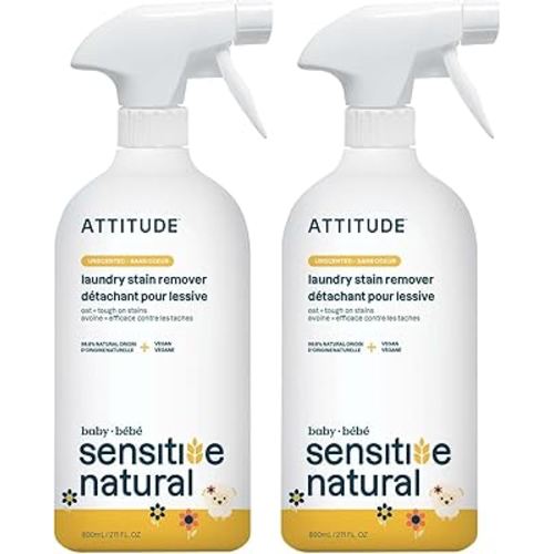 ATTITUDE Fabric Stain Remover for Baby Clothes, Plant- and Mineral-Based Ingredients, Vegan and Cruelty-free Laundry Products for Sensitive Skin, Unscented, 27 Fl Oz (Pack of 2)