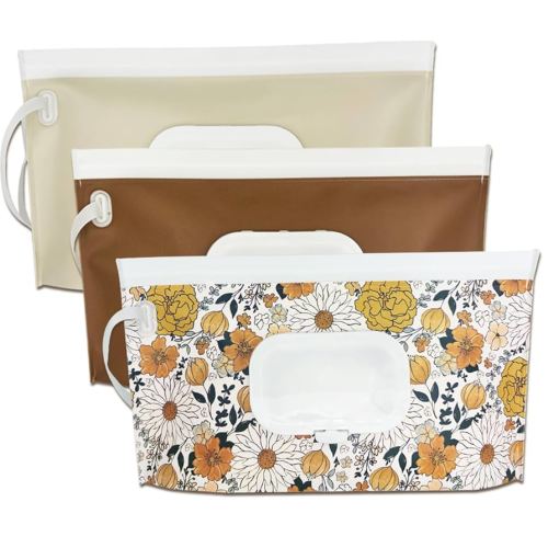 Wipe Dispenser,3-Pack Portable Refillable Wipe Container,Reusable Travel Baby Wipes Dispenser, Waterproof and Dustproof( Vintage Floral & Cream& Brown)…