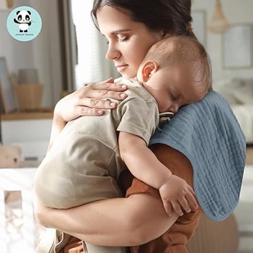 HIPHOP PANDA Muslin Burp Cloths, 10 Pack - Large 20" X10" - Ultra Absorbent and Soft 100% Cotton Baby Essentials Drool Rags and Messes for Newborn - ​Colorful Designs for Boy Girl, Pacific Blue