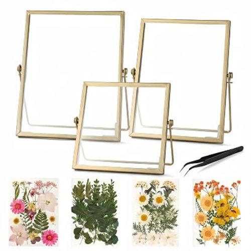 Relaxing Garden Floating Double Glass Frame Set, Gold Pressed Flower Frame DIY Kit with 68 Dried Flowers & Tweezers, 3 Sizes 6x6 6x8 7x9 for Keepsakes, Wedding Photos & Home Decor