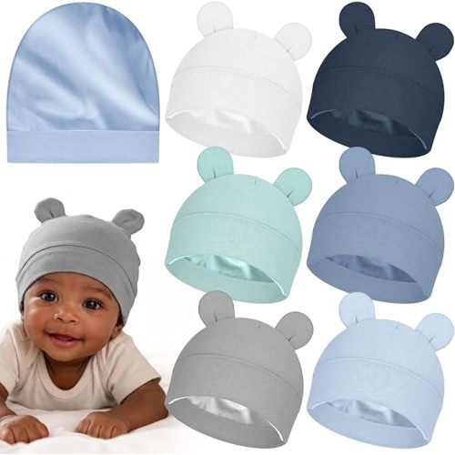 Shihanee 6 Pcs Satin Lined Baby Newborn Hats Beanie Hats Soft Silk Satin Bonnet Infant Toddler Cap for 0-6 Months Girls Boys