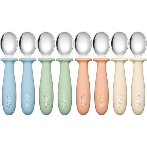 DRKIO 8 PCS Toddler Spoons Set - Baby Spoons with Silicone Handle Children safe 18/8 Stainless Steel Toddler Utensils Set for Self Feeding Kids Silverware Anti-Choke Design Food Grade Dishwasher Safe