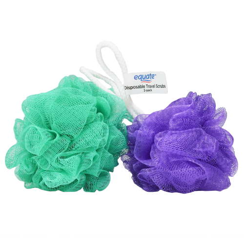 Equate Disposable Travel Body Sponge 2 Pack, Compact Mesh Poufs for Travel and Cleansing