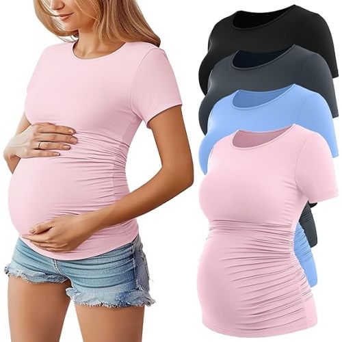 Huukeay 4 Pack Women's Maternity Shirts, Crew Neck Maternity Top Short Sleeve Casual Cotton Tee Side Ruched Pregnancy Clothes