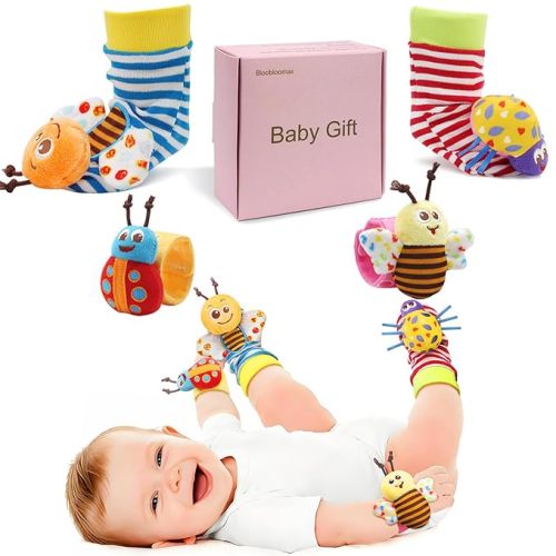 Bloobloomax Baby Wrist Rattle Socks and Foot Finder Set for 0-24 Month, Infant Girl Boy Toys Newborn Hand & Foot Toys for 0 to 24 Months, Baby Shower Gifts Set with Wrist Rattle Socks (Pink Gift Box)