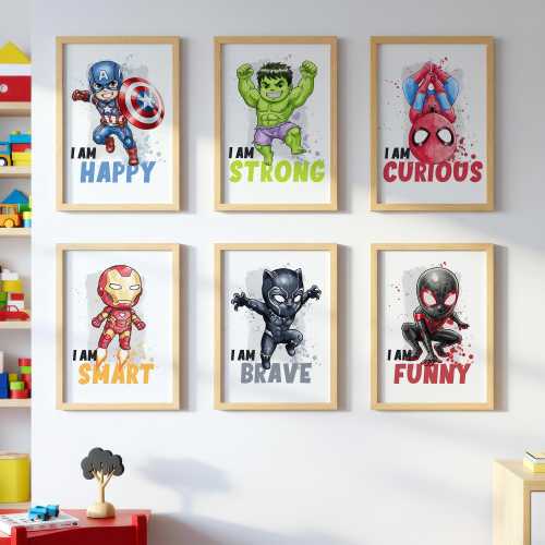 6 Nursery Superheroes Prints - Kids Affirmation Poster, Gift for Boys, Baby Boys Room Decor, Superheroes Playroom Decor, Prints for Kids