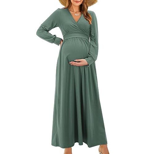 OUGES Fall Maternity Maxi Dress Long Sleeve Wrap V Neck Baby Shower Pregnancy Dresses for Photoshoot Maternity Clothes
