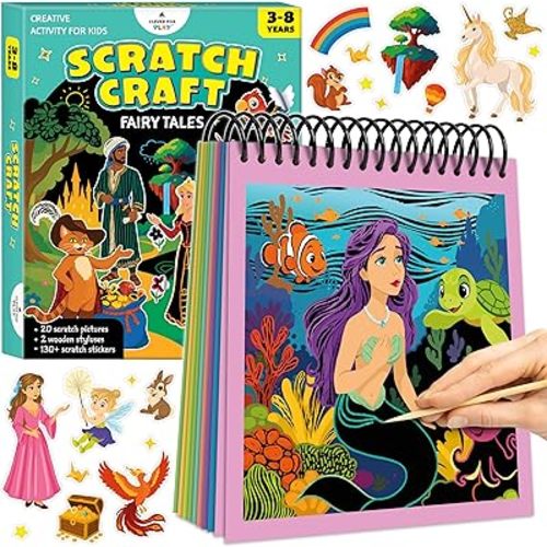 Clever Fox Play Scratch Craft for Kids – 30 Magical Fairy Tales Scratch-Off Pictures & 130+ Stickers – Craft Kits, DIY Supplies – Arts & Crafts Gifts for Boys & Girls Ages 3, 4, 5, 6, 7, 8