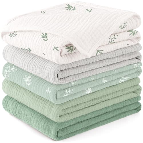 Susurration Muslin Burp Cloths Baby Washcloths 100% Cotton Burp Cloths Baby Girl 5 Pack, Absorbent and Soft Cloth Diapers 23.6 * 23.6 inch, Baby Girl Newborn Essentials (Green Print)