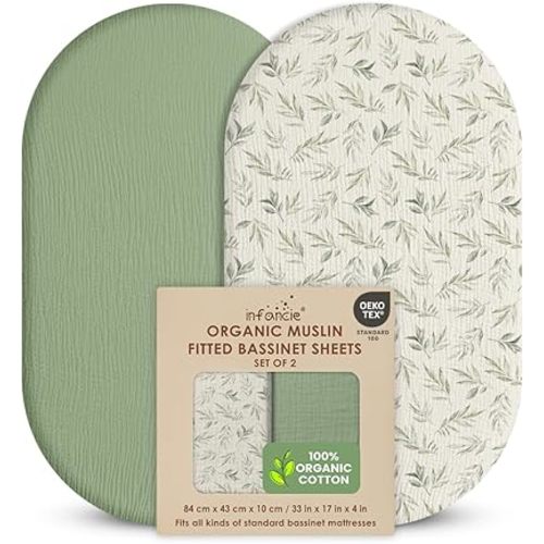 100% Organic Cotton Muslin Baby Bassinet Baby Sheet 33 X 17 Inch Soft Breathable Lightweight Stretchable Bed Sheet 2 Pack Gentle On Skin Durable Snug Fit Sheet for Newborn Bassinet Mattress