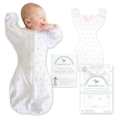 Amazing Baby Transitional Swaddle Sack, Arms Up Half-Length Sleeves & Mitten Cuffs, Most Gradual Transition Swaddle for Newborns to Baby Sleep Sack, Medium, 3-6 mo, 14-21 lb, Pink Tiny Bows